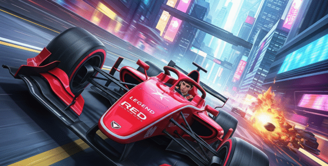 Red racing car in 'Montblanc Legend Red: The Race' game, vibrant cityscape, intense gaming experience