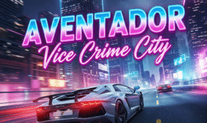 Screenshot of a high-speed car chase through neon-lit streets in Aventador Vice Crime City