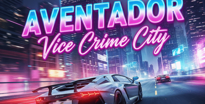 Screenshot of a high-speed car chase through neon-lit streets in Aventador Vice Crime City