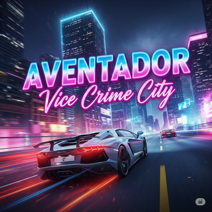 Screenshot of a high-speed car chase through neon-lit streets in Aventador Vice Crime City