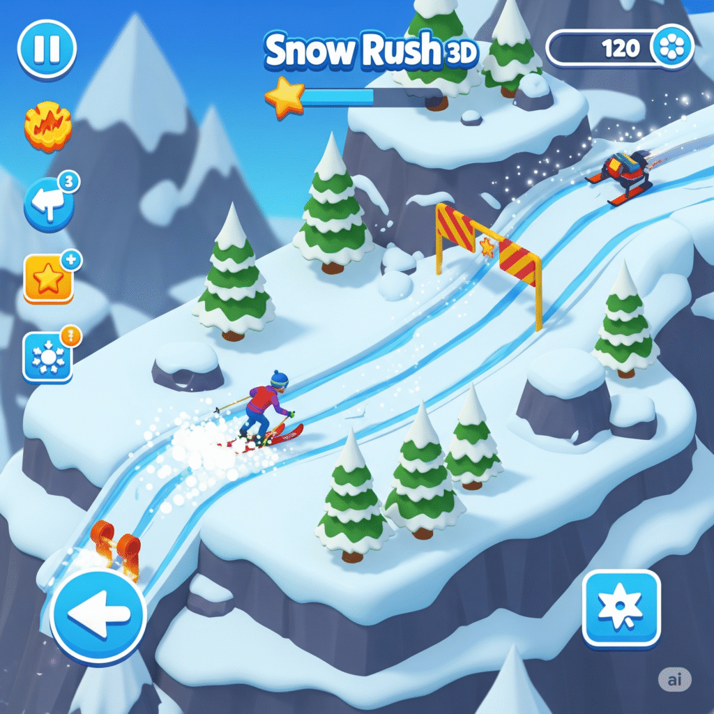 Snow Rush 3D game screenshot, mobile racing game, winter sports adventure, 3D skiing gameplay, snowboard rush, arcade snow racing, extreme winter challenge, fast-paced snow action, free mobile game download"