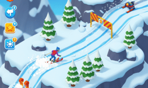 Snow Rush 3D game screenshot, mobile racing game, winter sports adventure, 3D skiing gameplay, snowboard rush, arcade snow racing, extreme winter challenge, fast-paced snow action, free mobile game download"