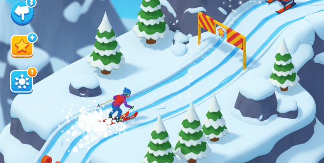 Snow Rush 3D game screenshot, mobile racing game, winter sports adventure, 3D skiing gameplay, snowboard rush, arcade snow racing, extreme winter challenge, fast-paced snow action, free mobile game download