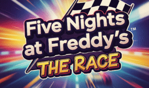An eye-catching, vibrant Five Nights at Freddy's: The Race game title in a bold, cartoonish font. The backdrop is dynamic and colorful, featuring racing elements like a checkered flag and a blurred race track for a sense of speed. This image embodies the excitement and intensity of the game, with neon accents and high-contrast effects, reminiscent of classic arcade games and 80s cartoons.