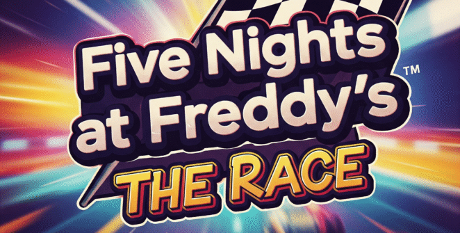 An eye-catching, vibrant Five Nights at Freddy's: The Race game title in a bold, cartoonish font. The backdrop is dynamic and colorful, featuring racing elements like a checkered flag and a blurred race track for a sense of speed. This image embodies the excitement and intensity of the game, with neon accents and high-contrast effects, reminiscent of classic arcade games and 80s cartoons.