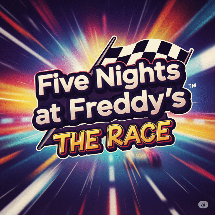 An eye-catching, vibrant Five Nights at Freddy's: The Race game title in a bold, cartoonish font. The backdrop is dynamic and colorful, featuring racing elements like a checkered flag and a blurred race track for a sense of speed. This image embodies the excitement and intensity of the game, with neon accents and high-contrast effects, reminiscent of classic arcade games and 80s cartoons.