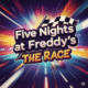 An eye-catching, vibrant Five Nights at Freddy's: The Race game title in a bold, cartoonish font. The backdrop is dynamic and colorful, featuring racing elements like a checkered flag and a blurred race track for a sense of speed. This image embodies the excitement and intensity of the game, with neon accents and high-contrast effects, reminiscent of classic arcade games and 80s cartoons.