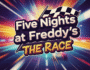 An eye-catching, vibrant Five Nights at Freddy's: The Race game title in a bold, cartoonish font. The backdrop is dynamic and colorful, featuring racing elements like a checkered flag and a blurred race track for a sense of speed. This image embodies the excitement and intensity of the game, with neon accents and high-contrast effects, reminiscent of classic arcade games and 80s cartoons.