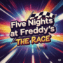 An eye-catching, vibrant Five Nights at Freddy's: The Race game title in a bold, cartoonish font. The backdrop is dynamic and colorful, featuring racing elements like a checkered flag and a blurred race track for a sense of speed. This image embodies the excitement and intensity of the game, with neon accents and high-contrast effects, reminiscent of classic arcade games and 80s cartoons.