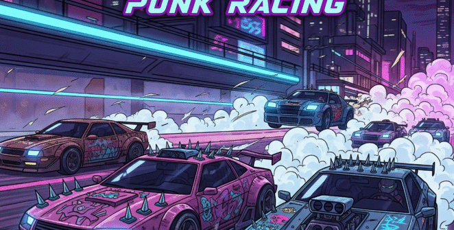Futuristic cyber car racing through neon-lit streets in Cyber Cars: Punk Racing game