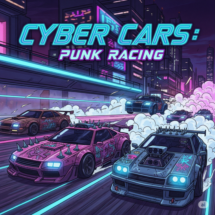 Futuristic cyber car racing through neon-lit streets in Cyber Cars: Punk Racing game