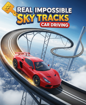 High-performance sports car navigating twisting impossible sky tracks suspended above a city skyline in a 3D car driving stunt game”