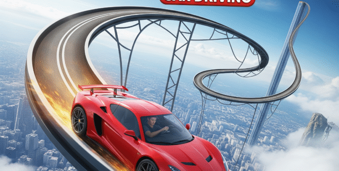 High-performance sports car navigating twisting impossible sky tracks suspended above a city skyline in a 3D car driving stunt game”