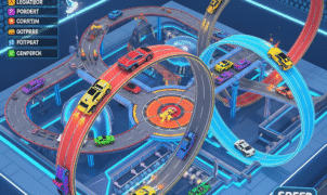A vibrant 3D car racing game screenshot from Cars Arena: Fast Race 3D, featuring futuristic vehicles on a dynamic, multi-level track. Ideal for mobile racing game enthusiasts.