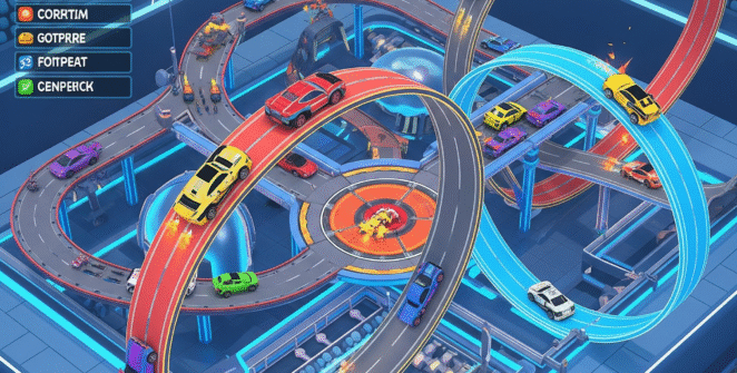 A vibrant 3D car racing game screenshot from Cars Arena: Fast Race 3D, featuring futuristic vehicles on a dynamic, multi-level track. Ideal for mobile racing game enthusiasts.