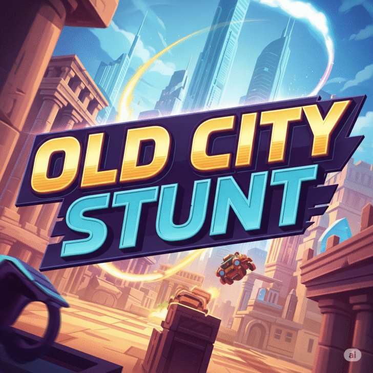 Old City Stunt" game title design, retro-futuristic font, vibrant cityscape background, action-packed stunts, thrilling gameplay, video game art, gaming graphics.