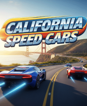 California Speed Cars game cover featuring a sleek sports car racing on a coastal highway with the Golden Gate Bridge in the background.