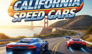California Speed Cars game cover featuring a sleek sports car racing on a coastal highway with the Golden Gate Bridge in the background.