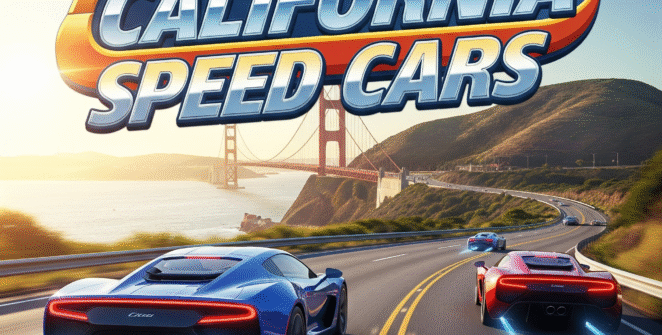 California Speed Cars game cover featuring a sleek sports car racing on a coastal highway with the Golden Gate Bridge in the background.