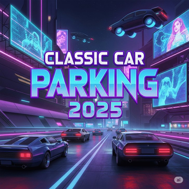 Next-gen car parking game Classic Car Parking 2025 logo amidst a dystopian cityscape, virtual reality parking, vintage vehicle challenges.