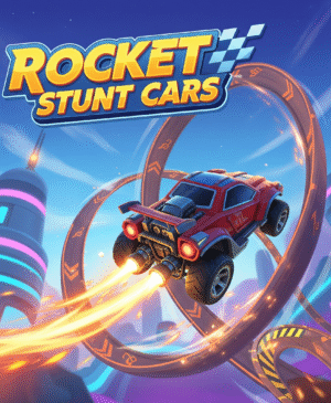 High‑octane Rocket Stunt Cars gameplay showing a sleek rocket‑powered stunt car launching off a fiery ramp in mid‑air perform­ing gravity‑defying flips