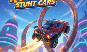 High‑octane Rocket Stunt Cars gameplay showing a sleek rocket‑powered stunt car launching off a fiery ramp in mid‑air perform­ing gravity‑defying flips