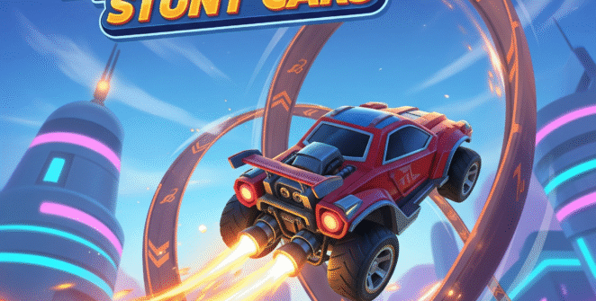 High‑octane Rocket Stunt Cars gameplay showing a sleek rocket‑powered stunt car launching off a fiery ramp in mid‑air perform­ing gravity‑defying flips