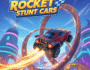 High‑octane Rocket Stunt Cars gameplay showing a sleek rocket‑powered stunt car launching off a fiery ramp in mid‑air perform­ing gravity‑defying flips