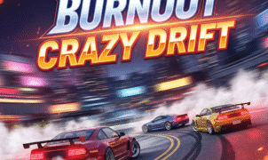 Red sports car performing a high-speed burnout drift on an urban asphalt track, tire smoke billowing, extreme drift action”