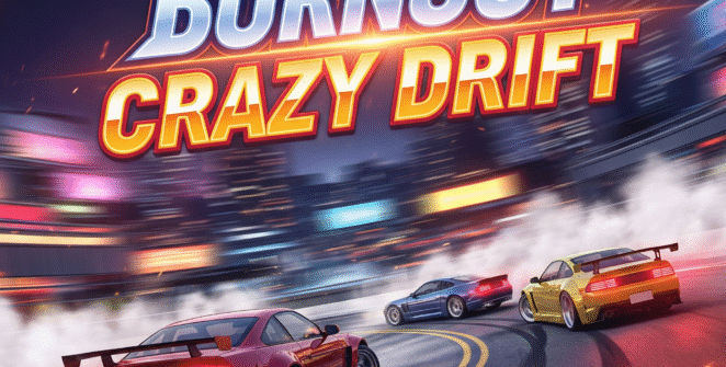 Red sports car performing a high-speed burnout drift on an urban asphalt track, tire smoke billowing, extreme drift action”