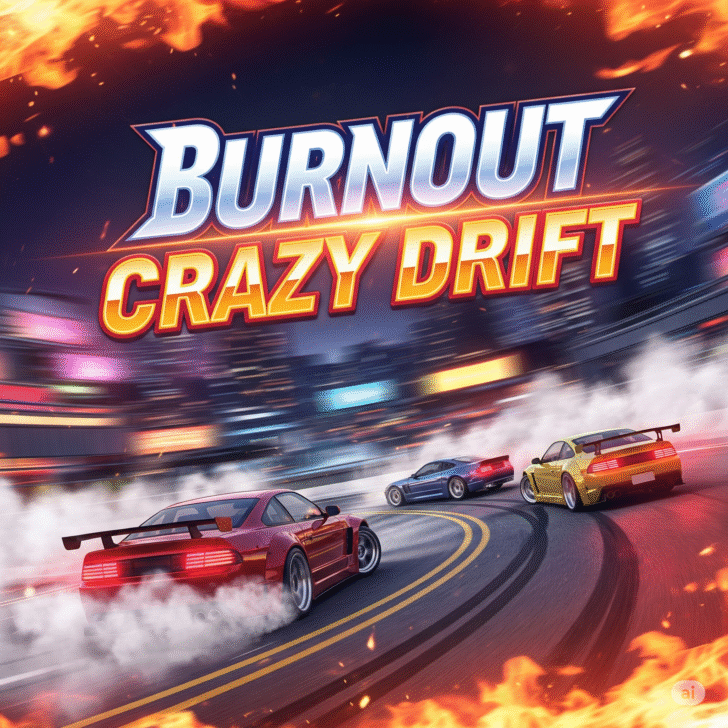 Red sports car performing a high-speed burnout drift on an urban asphalt track, tire smoke billowing, extreme drift action”