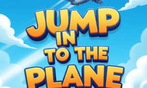 Jump In To The Plane: Arcade Action Game - A vibrant, cartoon-style title card for the mobile game "Jump In To The Plane," featuring a blue sky, an airplane taking off, and bold, playful typography.