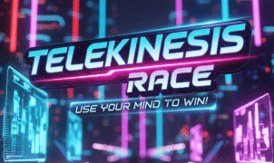 3D game title card for Telekinesis Race, featuring neon lights, a futuristic city background, and the slogan 'Use Your Mind To Win!' ideal for mobile gaming and futuristic racing game searches.