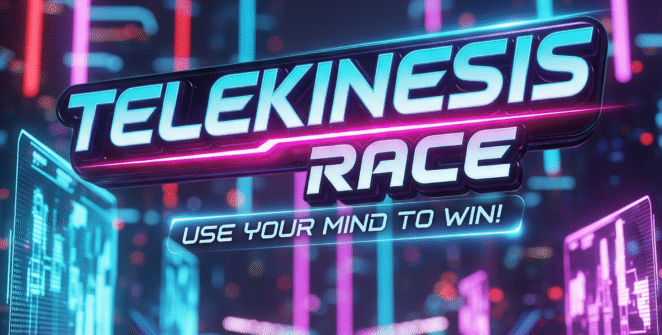 3D game title card for Telekinesis Race, featuring neon lights, a futuristic city background, and the slogan 'Use Your Mind To Win!' ideal for mobile gaming and futuristic racing game searches.