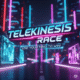 3D game title card for Telekinesis Race, featuring neon lights, a futuristic city background, and the slogan 'Use Your Mind To Win!' ideal for mobile gaming and futuristic racing game searches.