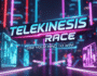 3D game title card for Telekinesis Race, featuring neon lights, a futuristic city background, and the slogan 'Use Your Mind To Win!' ideal for mobile gaming and futuristic racing game searches.