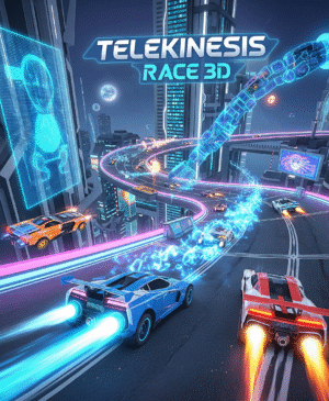 A thrilling 3D telekinesis race track with a glowing psychic-powered vehicle drifting through neon-lit curves