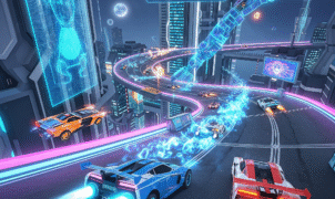 A thrilling 3D telekinesis race track with a glowing psychic-powered vehicle drifting through neon-lit curves