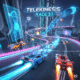A thrilling 3D telekinesis race track with a glowing psychic-powered vehicle drifting through neon-lit curves