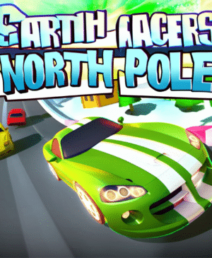 Cartoon Racers: North Pole game screenshot featuring vibrant cartoon racing cars on a snowy track with pine trees, festive buildings, and a hot air balloon under a clear sky. Includes the game title overlay.