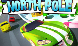Cartoon Racers: North Pole game screenshot featuring vibrant cartoon racing cars on a snowy track with pine trees, festive buildings, and a hot air balloon under a clear sky. Includes the game title overlay.