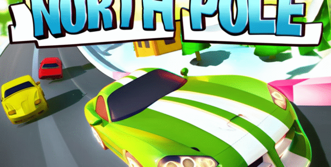 Cartoon Racers: North Pole game screenshot featuring vibrant cartoon racing cars on a snowy track with pine trees, festive buildings, and a hot air balloon under a clear sky. Includes the game title overlay.