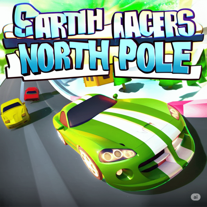 Cartoon Racers: North Pole game screenshot featuring vibrant cartoon racing cars on a snowy track with pine trees, festive buildings, and a hot air balloon under a clear sky. Includes the game title overlay.