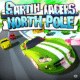 Cartoon Racers: North Pole game screenshot featuring vibrant cartoon racing cars on a snowy track with pine trees, festive buildings, and a hot air balloon under a clear sky. Includes the game title overlay.