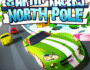Cartoon Racers: North Pole game screenshot featuring vibrant cartoon racing cars on a snowy track with pine trees, festive buildings, and a hot air balloon under a clear sky. Includes the game title overlay.