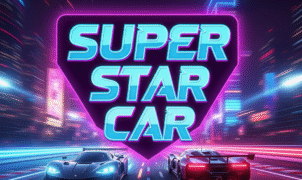 Futuristic racing game 'Super Star Car' title in neon lights, dynamic cityscape, high-speed action, vibrant arcade racing, virtual car racing, best racing game, fast cars, gaming visuals.