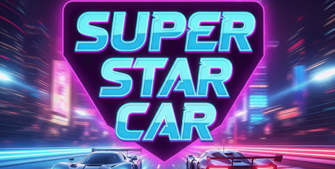 Futuristic racing game 'Super Star Car' title in neon lights, dynamic cityscape, high-speed action, vibrant arcade racing, virtual car racing, best racing game, fast cars, gaming visuals.