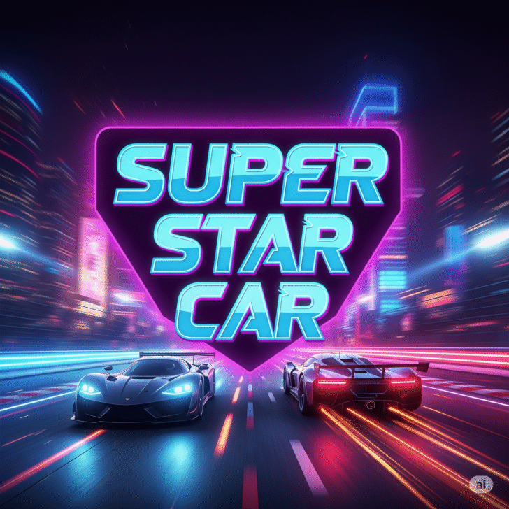 Futuristic racing game 'Super Star Car' title in neon lights, dynamic cityscape, high-speed action, vibrant arcade racing, virtual car racing, best racing game, fast cars, gaming visuals.