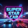 Futuristic racing game 'Super Star Car' title in neon lights, dynamic cityscape, high-speed action, vibrant arcade racing, virtual car racing, best racing game, fast cars, gaming visuals.