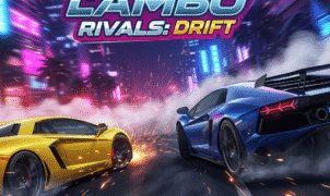 Two high-performance Lamborghinis drifting in a neon-lit city at night, showcasing intense racing action. This image is perfect for drift racing game visuals, car game art, fast car backgrounds, and gaming headers.